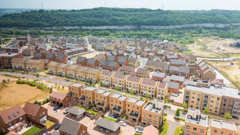 View of Ebbsfleet development with borehole for networked ground source heat pumps for low carbon heating.
