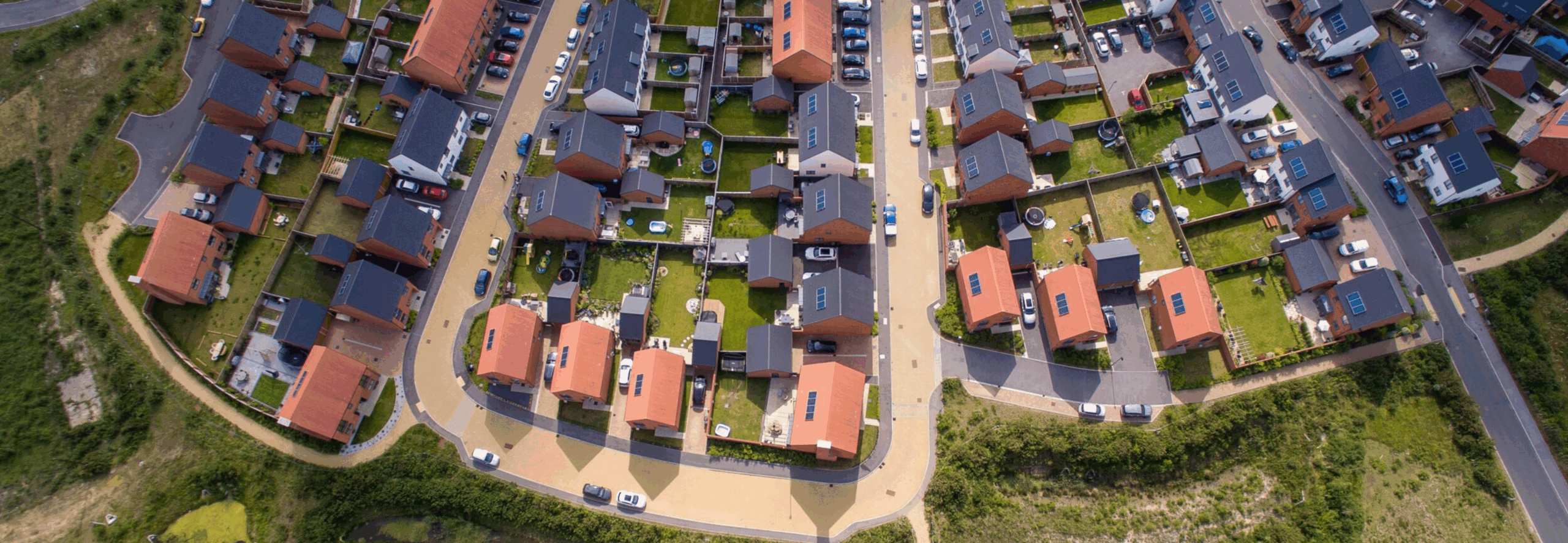 Drone shot of new build development with a heat network provided by GTC.