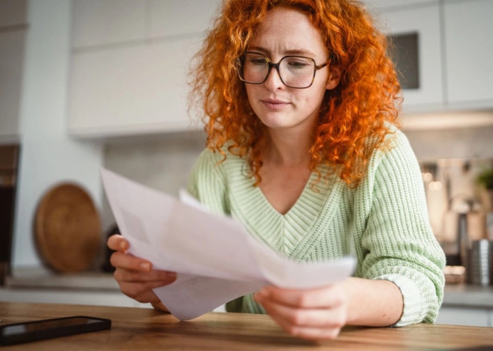 A GTC resident sits in a kitchen reading a gas meter inspection letter