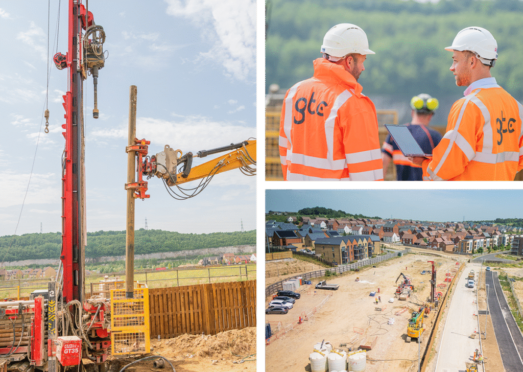 Three images for Ground Source Networks, featuring borehole digging, GTC onsite workers and an arial view of works