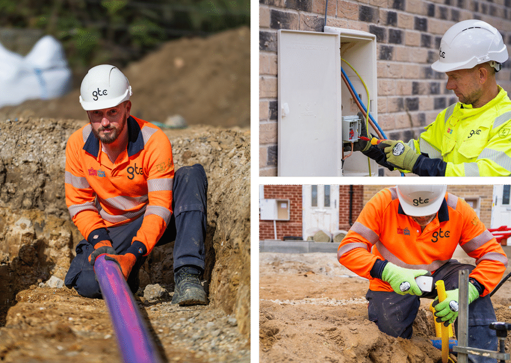 Three images show GTC engineers on site as part of our utility scheduling for electric, water, gas and fibre