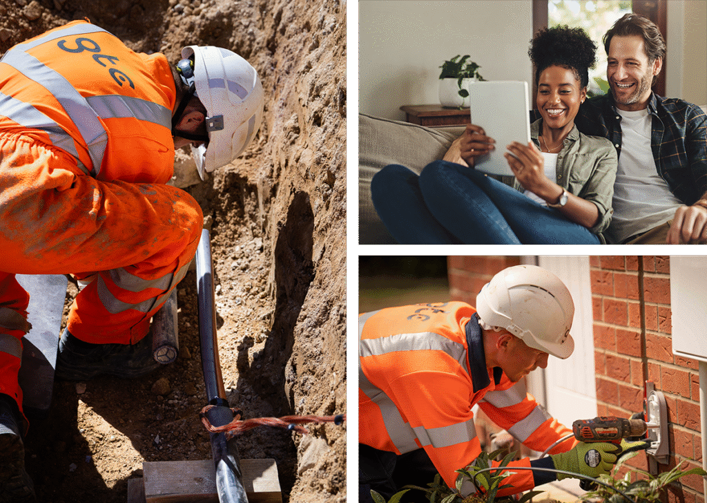Three image collage featuring GTC workers on site for a housebuilder installing multi-utility infrastructure, plus a young couple in their lounge enjoying their new home.