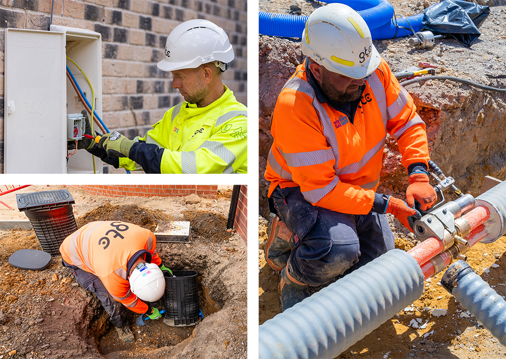 A collage of three images of GTC engineers working on multi utility networks for a UK housebuilder