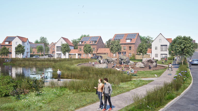 A view of Cosmeston Farm across the lake, a net zero carbon housing development