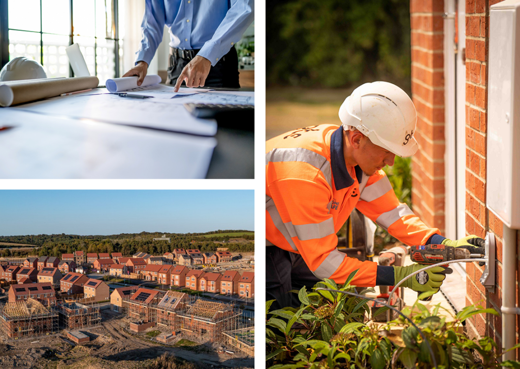 Three images are shown together. One image shows homebuilder drawings. Another shows an aerial view of a new housing development. The last shows an electric cable going into an inspection chamber