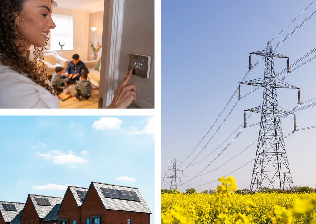 a three picture collage of electricity pylons, PV solar panels and a smart home thermostat being used.